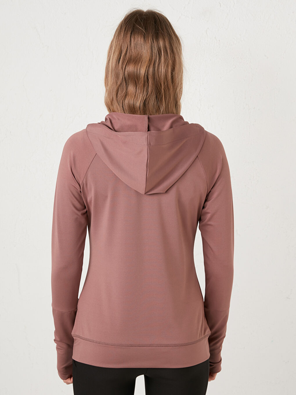 Pembe Kapüşon Yaka Düz Uzun Kollu Cep Detaylı Kadın Spor Hırka-3