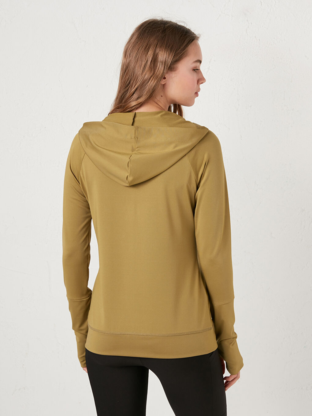 Haki Kapüşon Yaka Düz Uzun Kollu Cep Detaylı Kadın Spor Hırka-4
