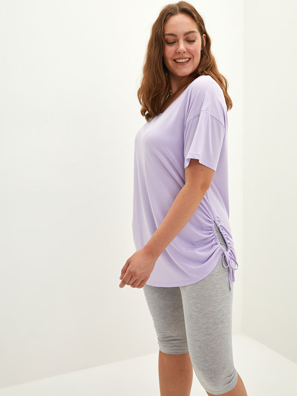 Lila Büyük Beden Bisiklet Yaka Düz Kısa Kollu Kadın Kaprili Pijama Takımı