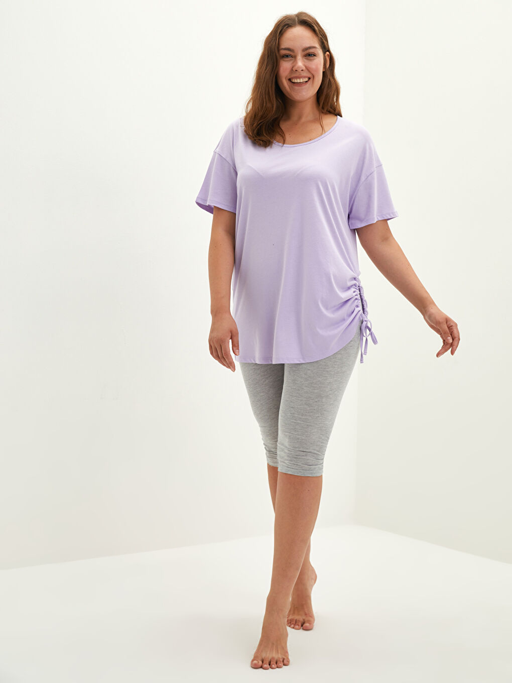 Lila Büyük Beden Bisiklet Yaka Düz Kısa Kollu Kadın Kaprili Pijama Takımı-1