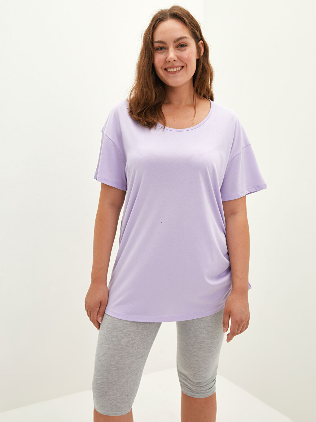 Lila Büyük Beden Bisiklet Yaka Düz Kısa Kollu Kadın Kaprili Pijama Takımı-2