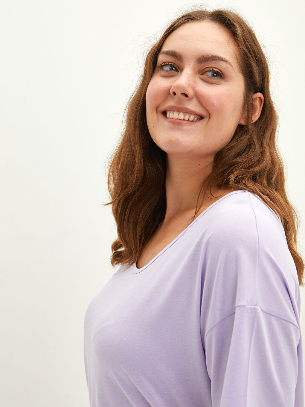 Lila Büyük Beden Bisiklet Yaka Düz Kısa Kollu Kadın Kaprili Pijama Takımı-3