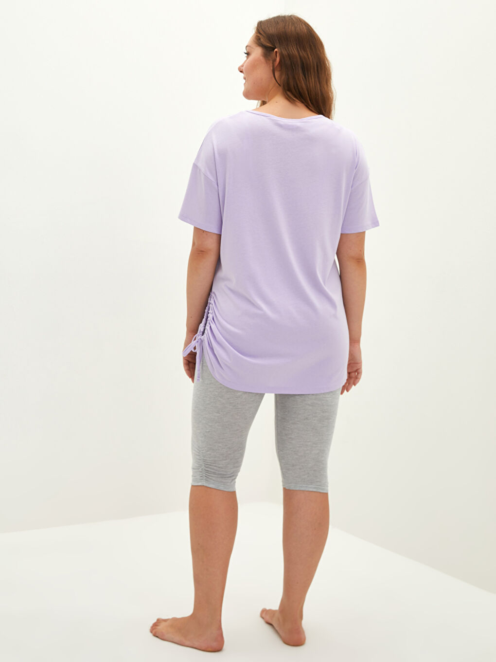 Lila Büyük Beden Bisiklet Yaka Düz Kısa Kollu Kadın Kaprili Pijama Takımı-4