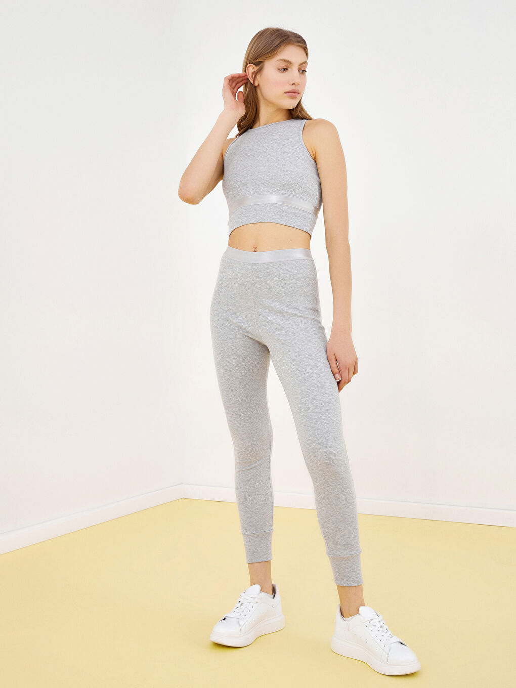 Leggings Unis à Taille Élastiquée pour Femmes-5