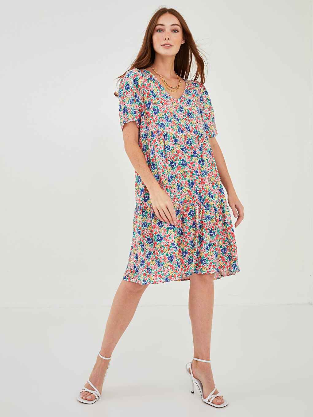 Pembe V Yaka Kısa Kollu Çiçekli Viskon Kadın Elbise-2