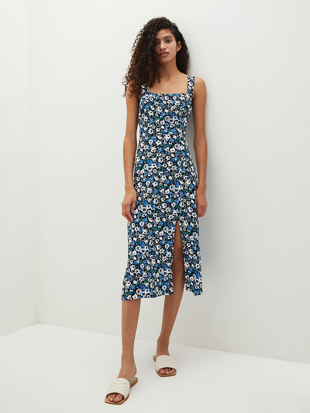 LCW Vision Square Collar Strap Floral Leatherette Fabric Women's Dress -S1IR81Z8-LQQ