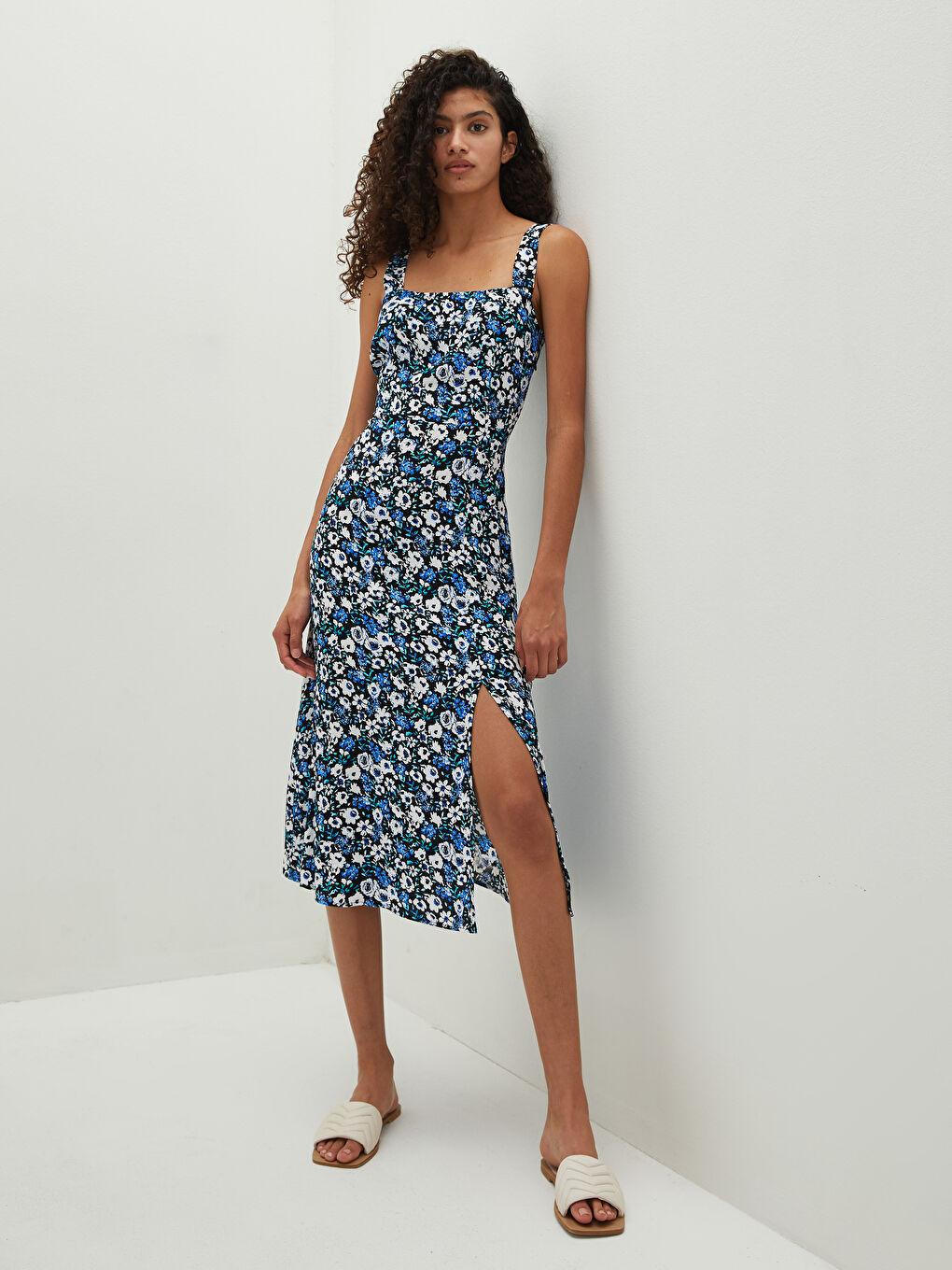 LCW Vision Square Collar Strap Floral Leatherette Fabric Women's Dress -S1IR81Z8-LQQ