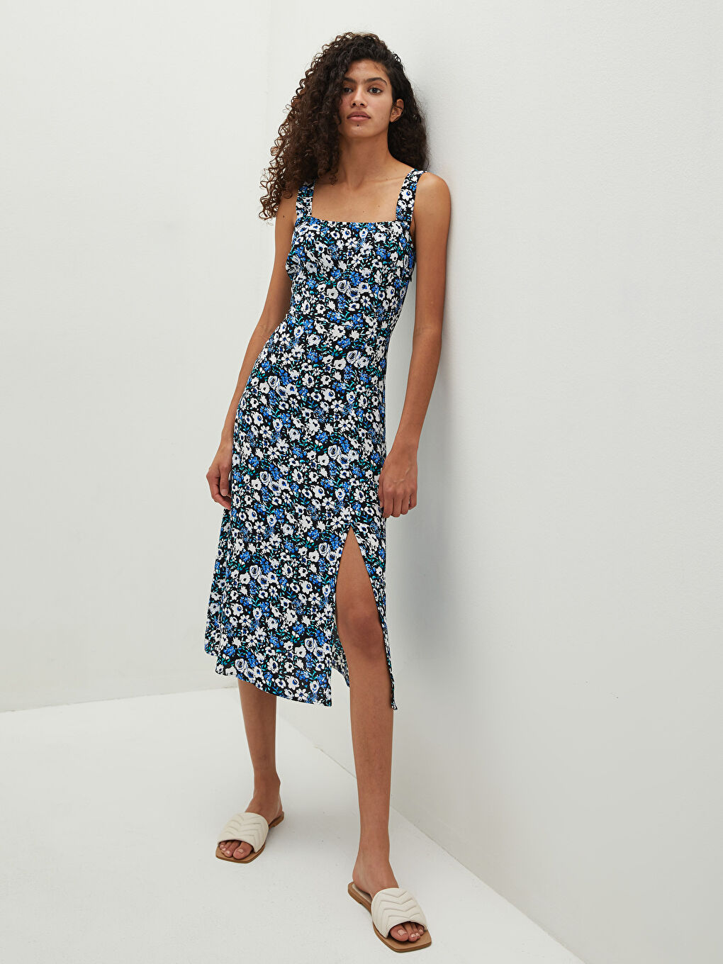 LCW Vision Square Collar Strap Floral Leatherette Fabric Women's Dress -S1IR81Z8-LQQ