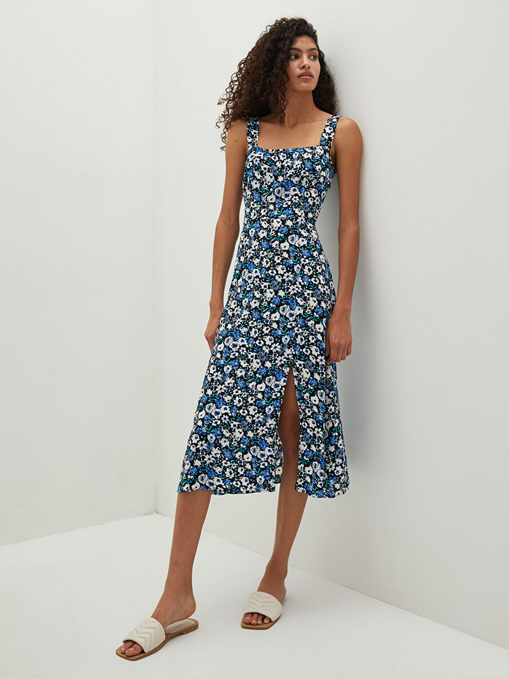 LCW Vision Square Collar Strap Floral Leatherette Fabric Women's Dress -S1IR81Z8-LQQ