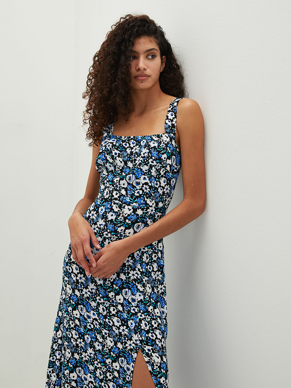 LCW Vision Square Collar Strap Floral Leatherette Fabric Women's Dress -S1IR81Z8-LQQ