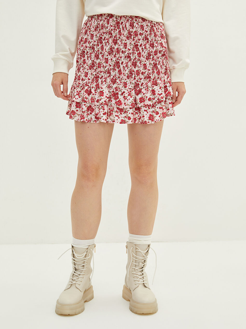 Pembe Beli Lastikli Çiçek Baskılı Maroken Kumaş Kadın Etek-3