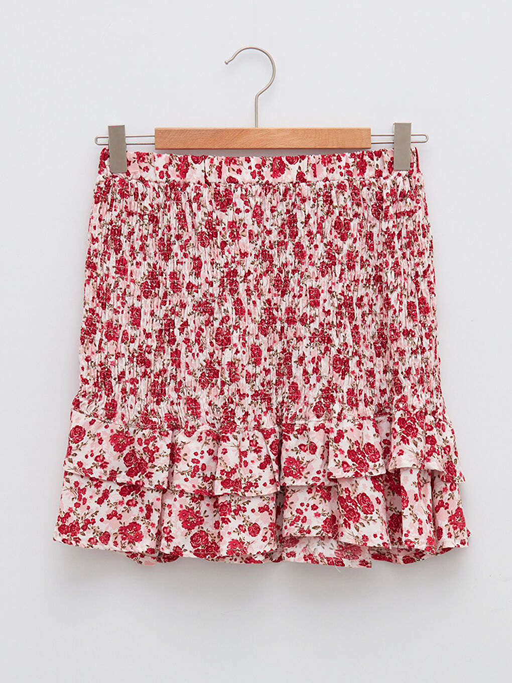 Pembe Beli Lastikli Çiçek Baskılı Maroken Kumaş Kadın Etek-6