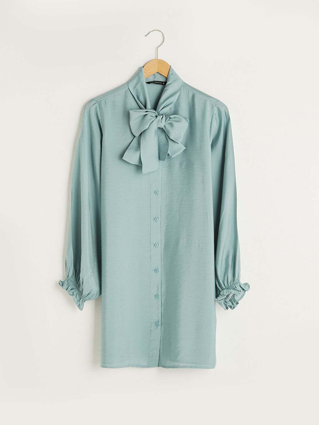 Mavi Bağlamalı Yaka Düz Uzun Kollu Kadın Tunik-5