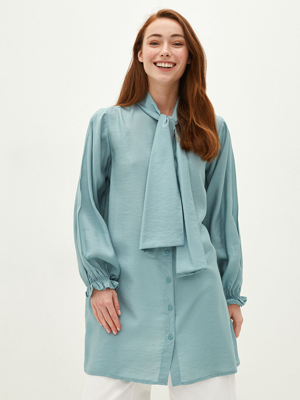 Mavi Bağlamalı Yaka Düz Uzun Kollu Kadın Tunik-2