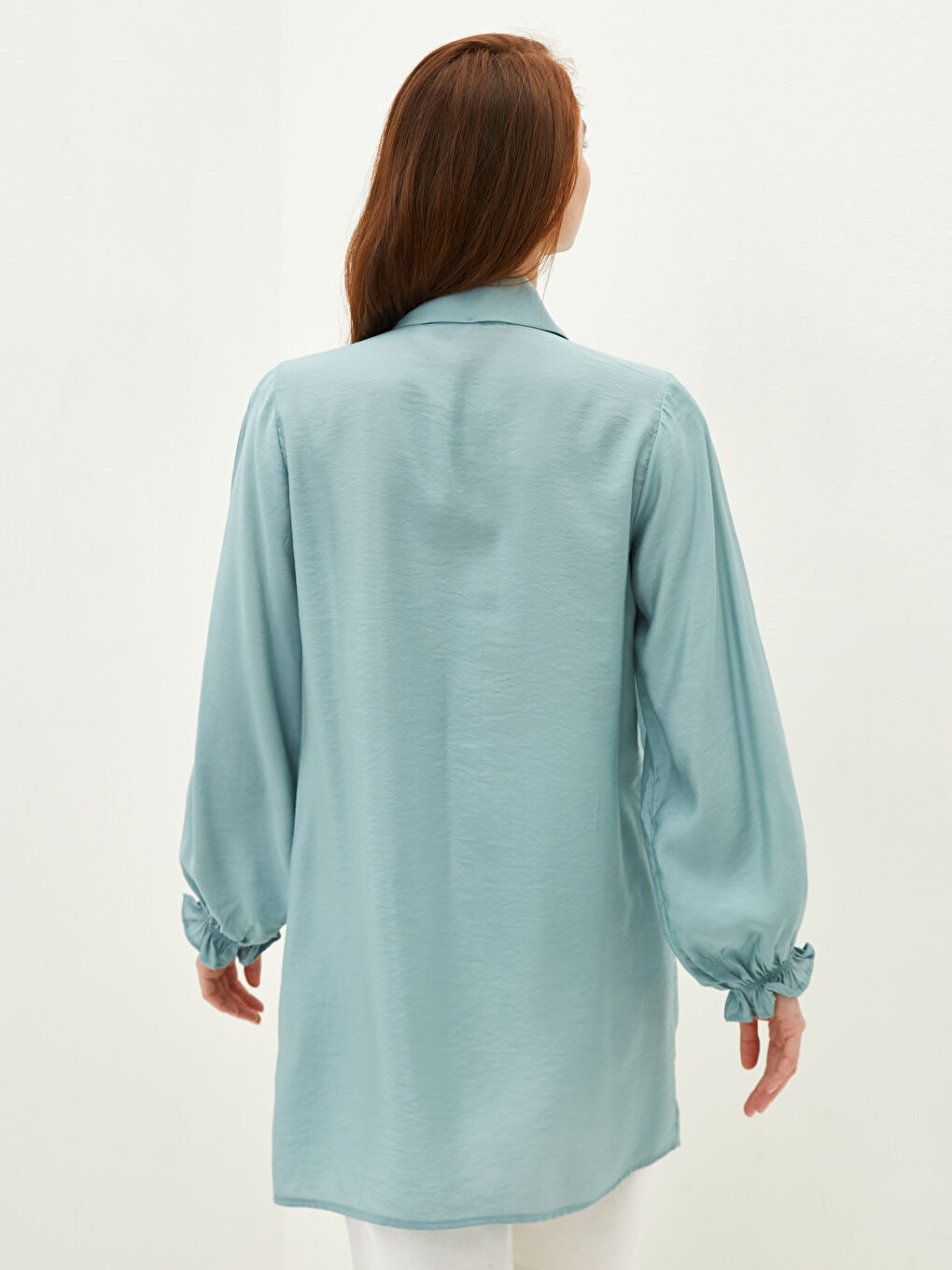 Mavi Bağlamalı Yaka Düz Uzun Kollu Kadın Tunik-3