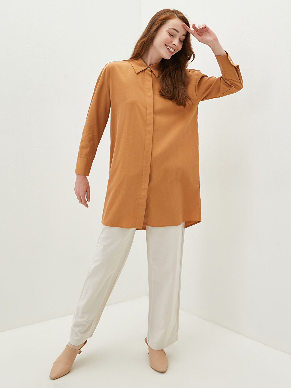 قميص تونيك للسيدات كم طويل سادة-1