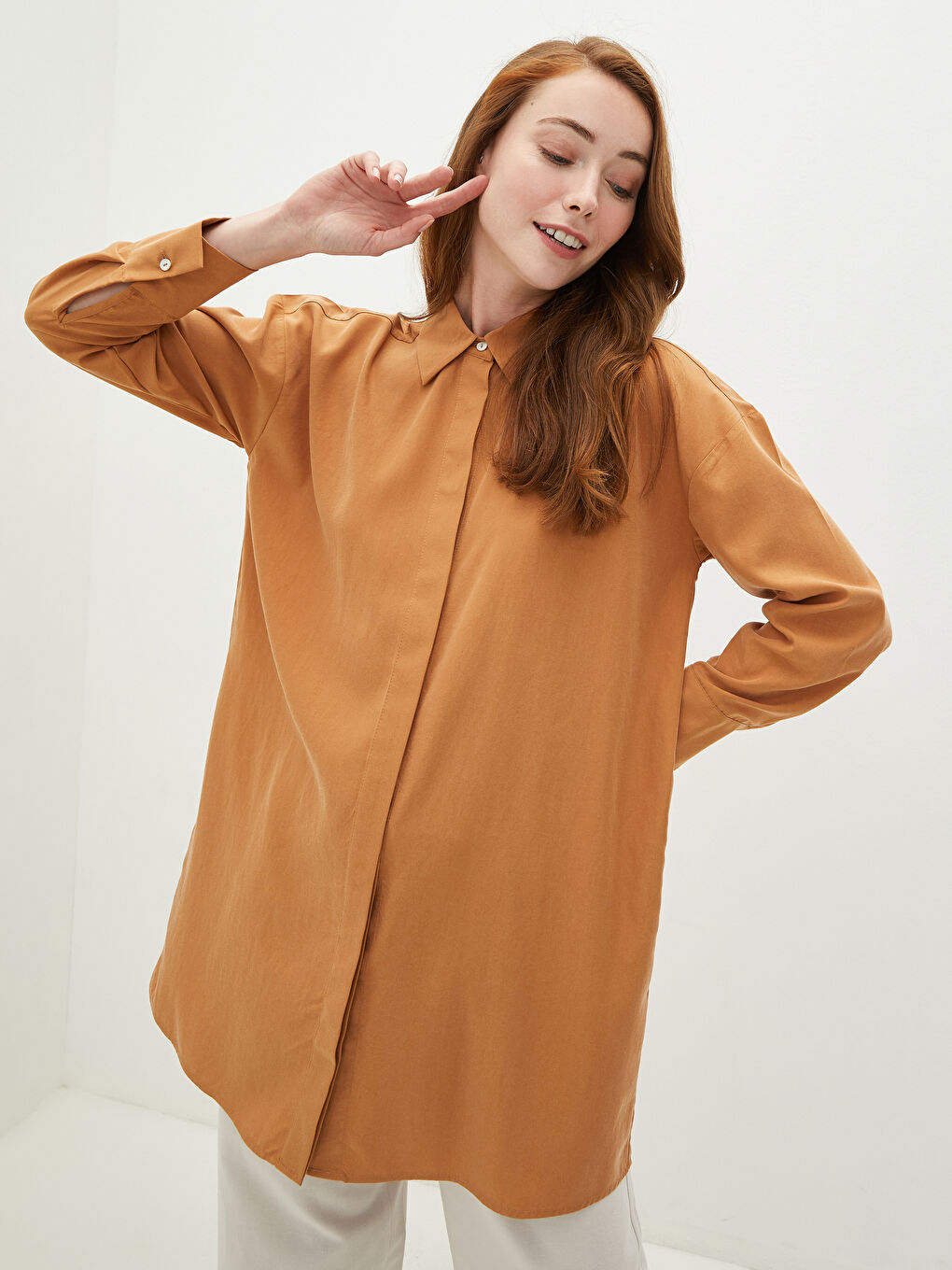 قميص تونيك للسيدات كم طويل سادة-4