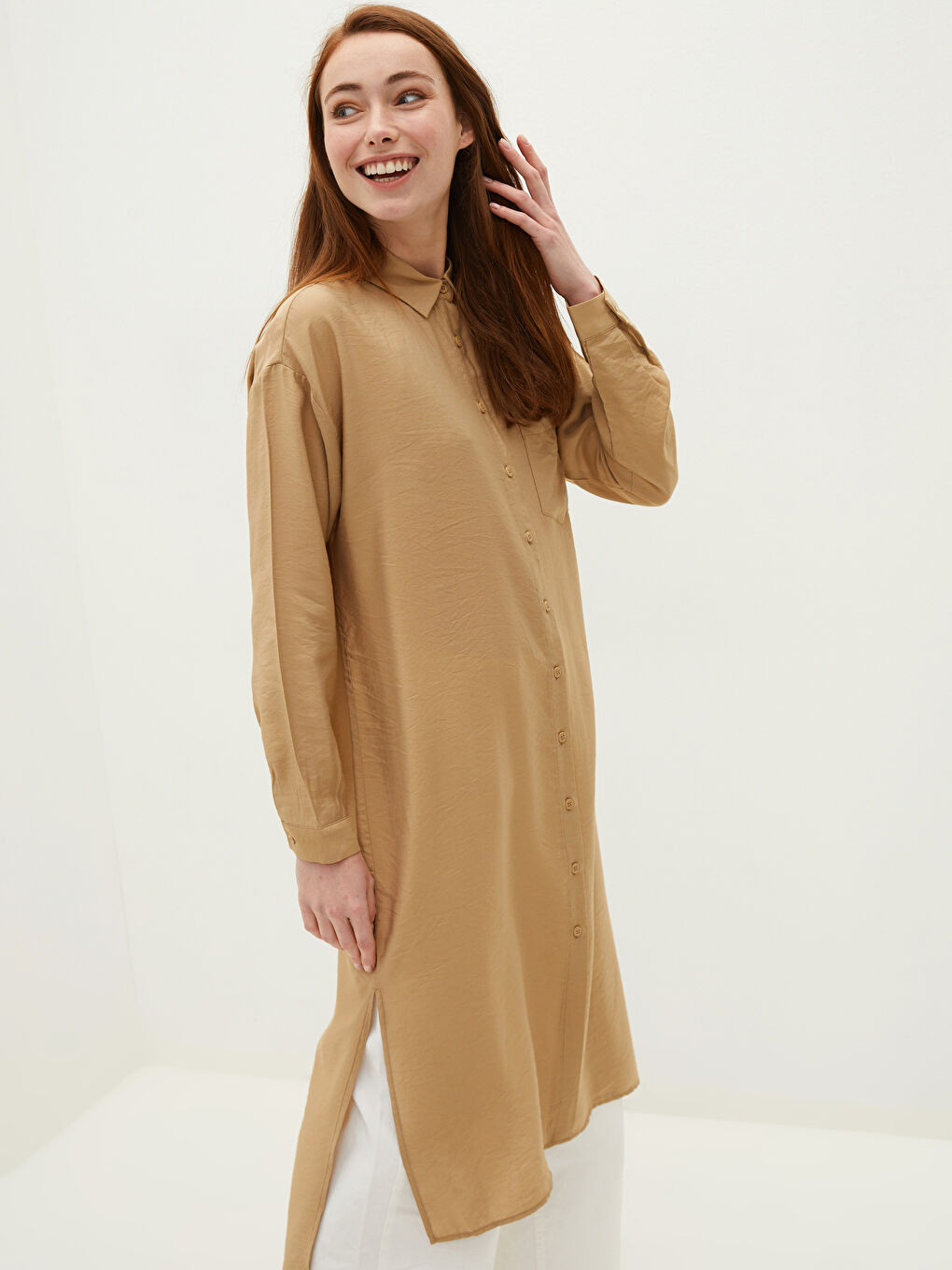 قميص تونيك للسيدات بأكمام طويلة وتفاصيل جيب-1