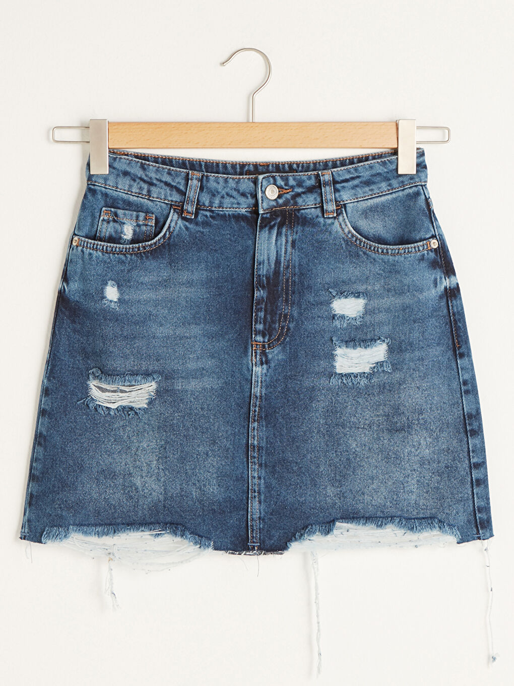 İndigo Standart Fit Cepli Yırtık Detaylı Kadın Rodeo Jean Etek-6