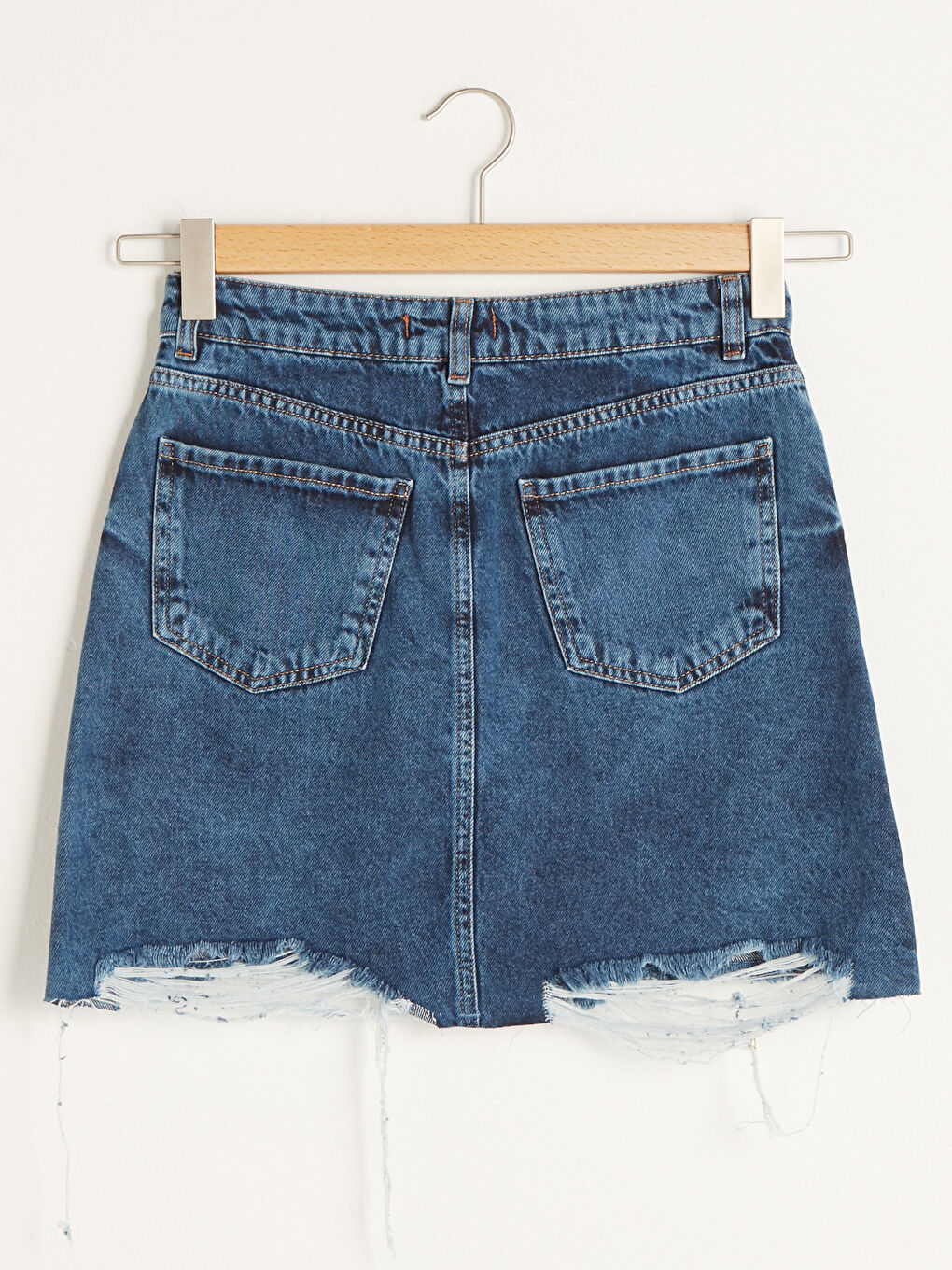 İndigo Standart Fit Cepli Yırtık Detaylı Kadın Rodeo Jean Etek-7