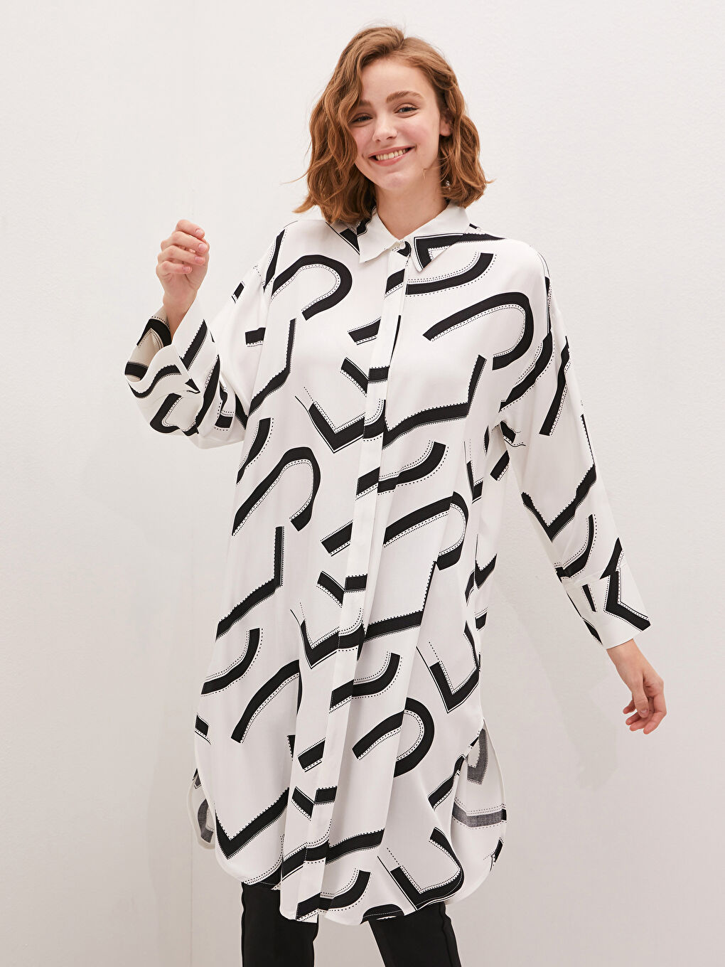 Patterned Long Sleeve Oversize Belmando Women's Shirt Tunic-4