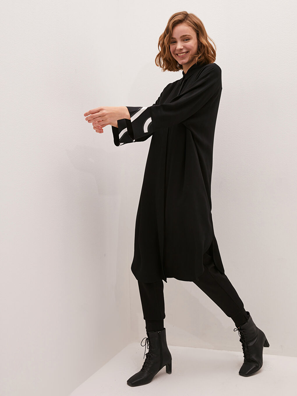 Siyah Desenli Uzun Kollu Oversize Belmando Kadın Gömlek Tunik-1