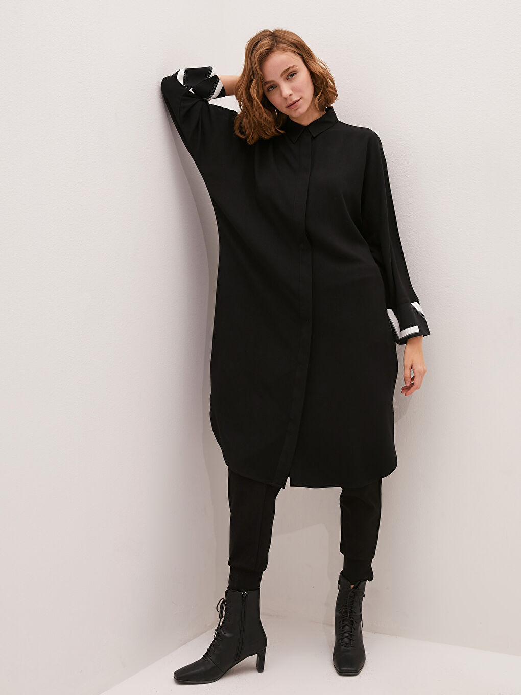 Siyah Desenli Uzun Kollu Oversize Belmando Kadın Gömlek Tunik-3