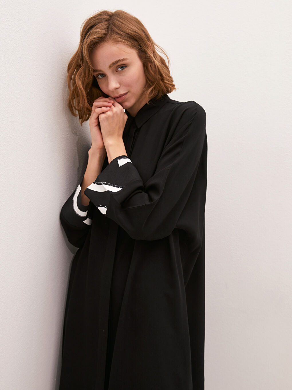 Siyah Desenli Uzun Kollu Oversize Belmando Kadın Gömlek Tunik-5