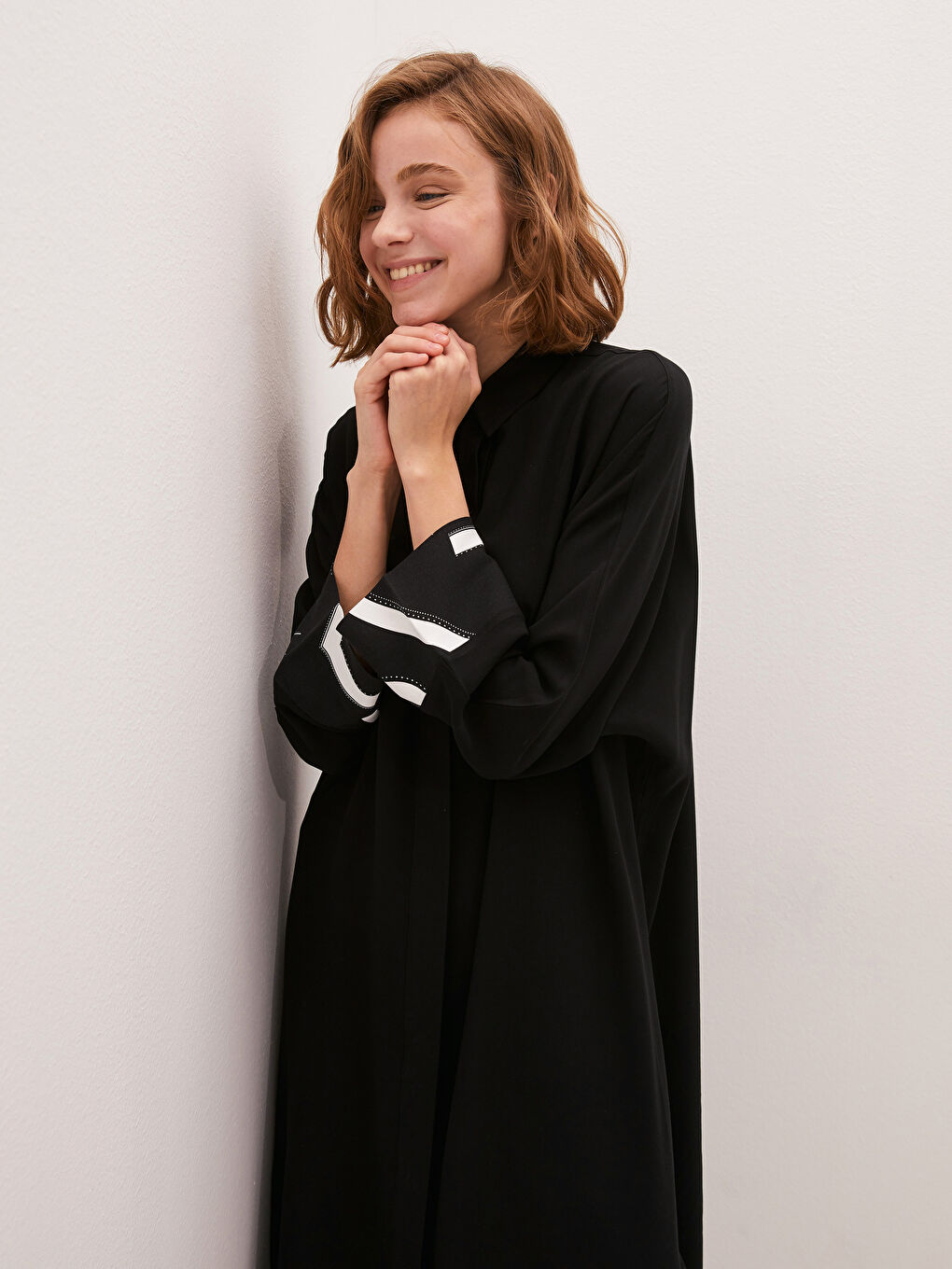 Siyah Desenli Uzun Kollu Oversize Belmando Kadın Gömlek Tunik-6