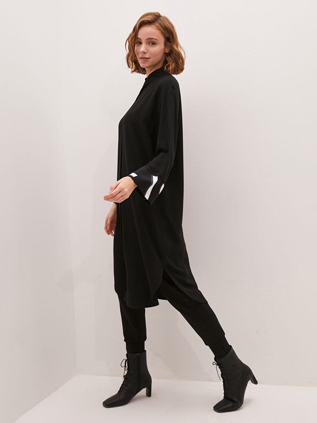 Siyah Desenli Uzun Kollu Oversize Belmando Kadın Gömlek Tunik