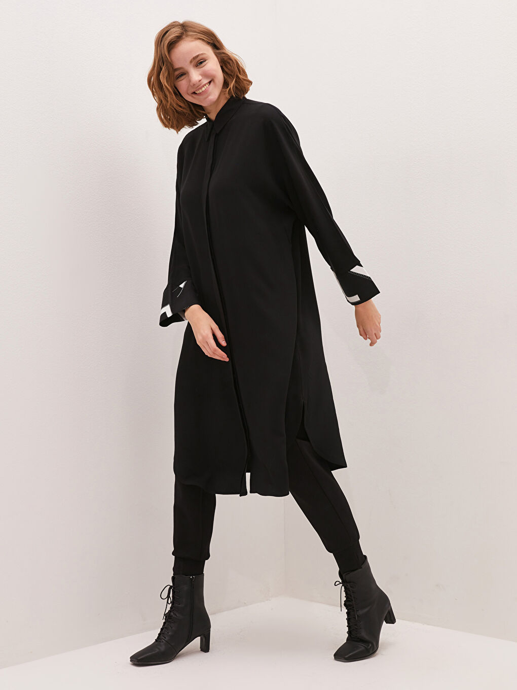 Siyah Desenli Uzun Kollu Oversize Belmando Kadın Gömlek Tunik-2