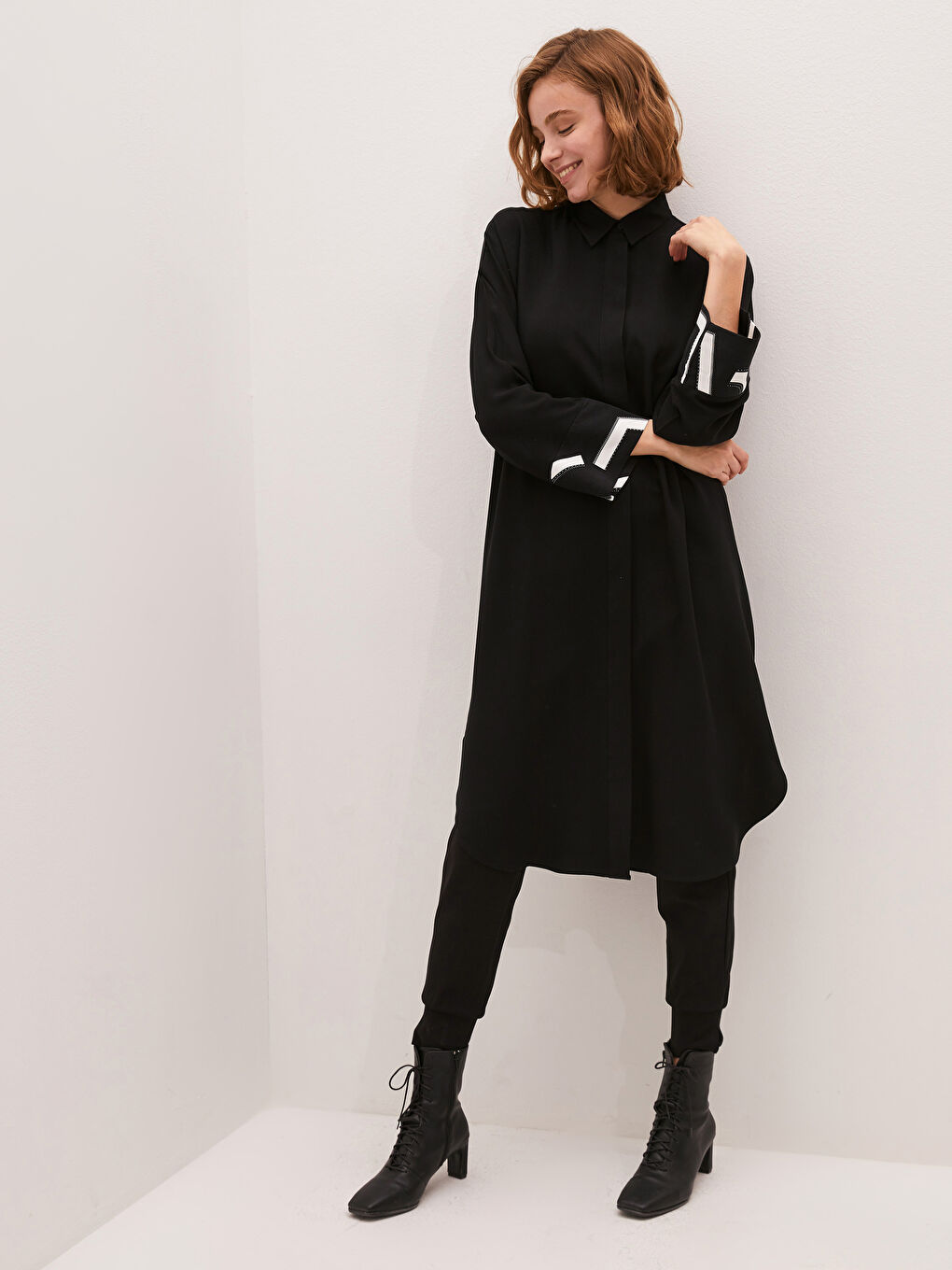 Siyah Desenli Uzun Kollu Oversize Belmando Kadın Gömlek Tunik-8