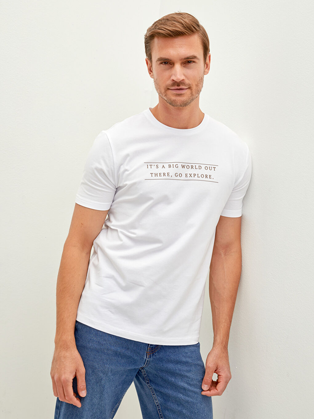 Beyaz Bisiklet Yaka Kısa Kollu Baskılı Penye Erkek Tişört-5