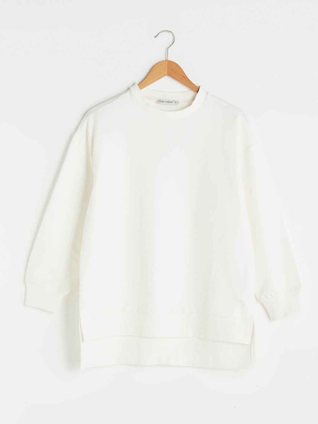 Ekru Bisiklet Yaka Düz Uzun Kollu Kadın Sweatshirt Tunik-4