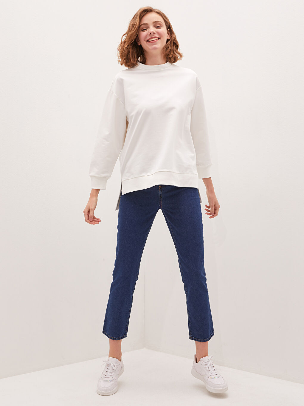Ekru Bisiklet Yaka Düz Uzun Kollu Kadın Sweatshirt Tunik