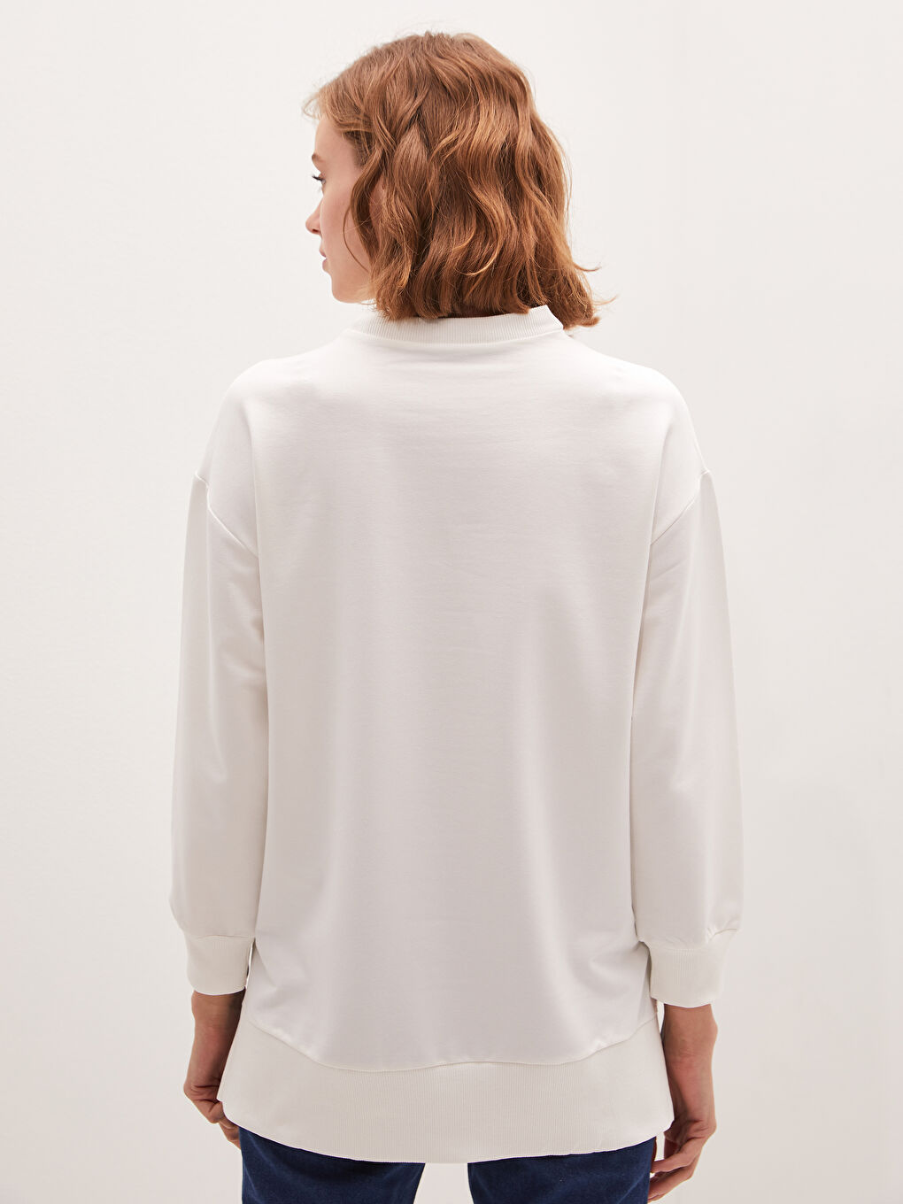 Ekru Bisiklet Yaka Düz Uzun Kollu Kadın Sweatshirt Tunik-2