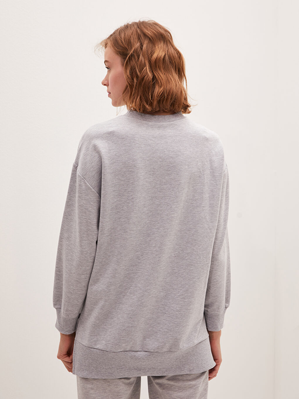 Gri Bisiklet Yaka Düz Uzun Kollu Kadın Sweatshirt Tunik-3