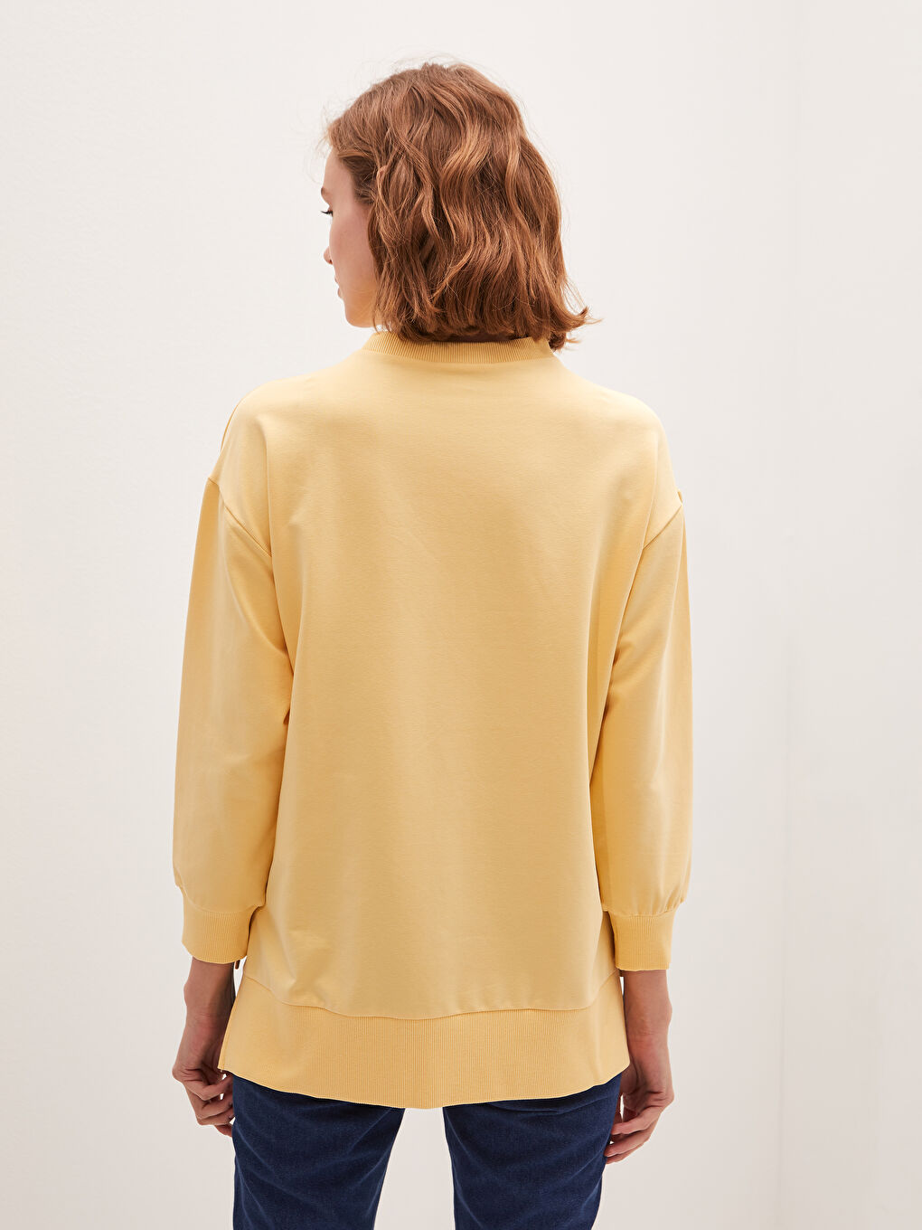 Sarı Bisiklet Yaka Düz Uzun Kollu Kadın Sweatshirt Tunik-7