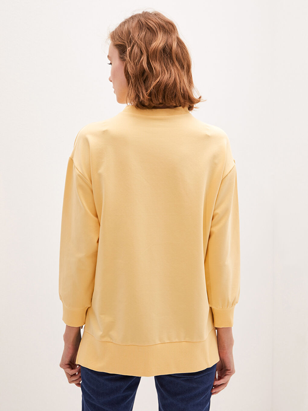 Sarı Bisiklet Yaka Düz Uzun Kollu Kadın Sweatshirt Tunik-4