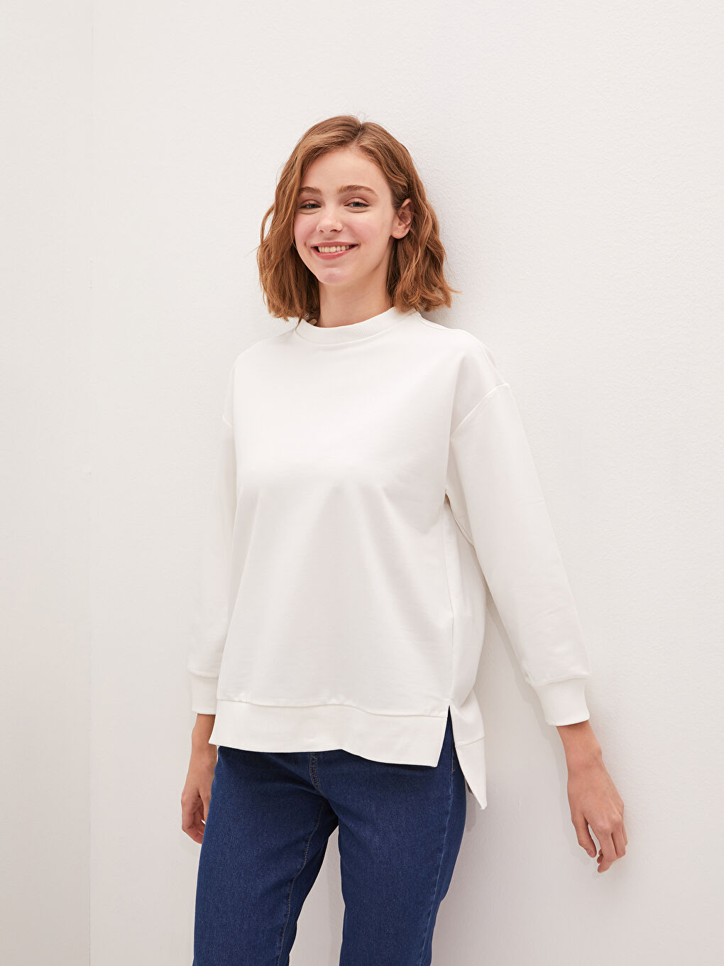 Ekru Bisiklet Yaka Düz Uzun Kollu Kadın Sweatshirt Tunik-3