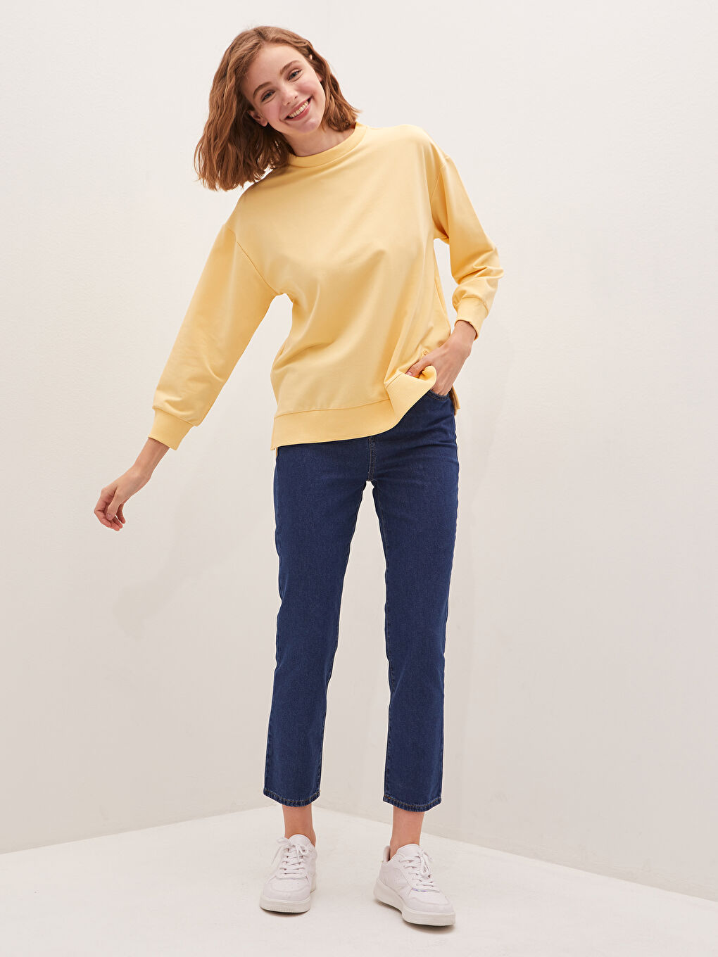 Sarı Bisiklet Yaka Düz Uzun Kollu Kadın Sweatshirt Tunik-5