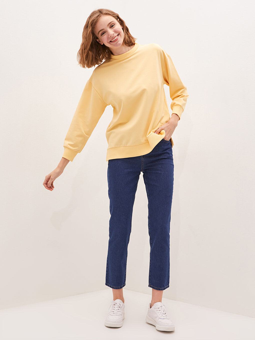 Sarı Bisiklet Yaka Düz Uzun Kollu Kadın Sweatshirt Tunik