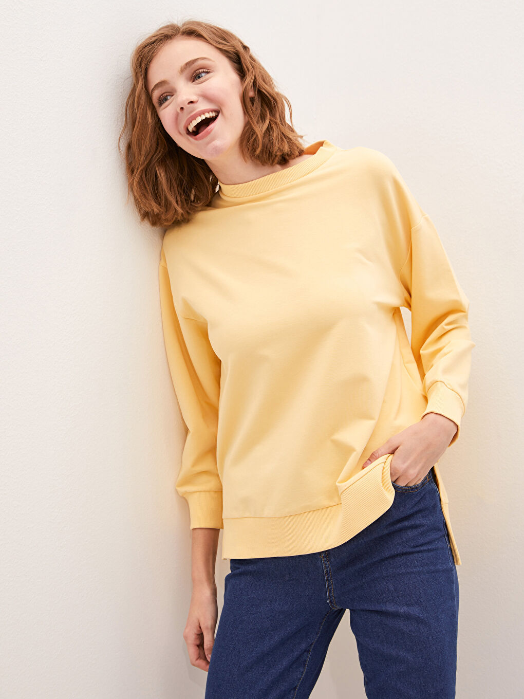 Sarı Bisiklet Yaka Düz Uzun Kollu Kadın Sweatshirt Tunik-1