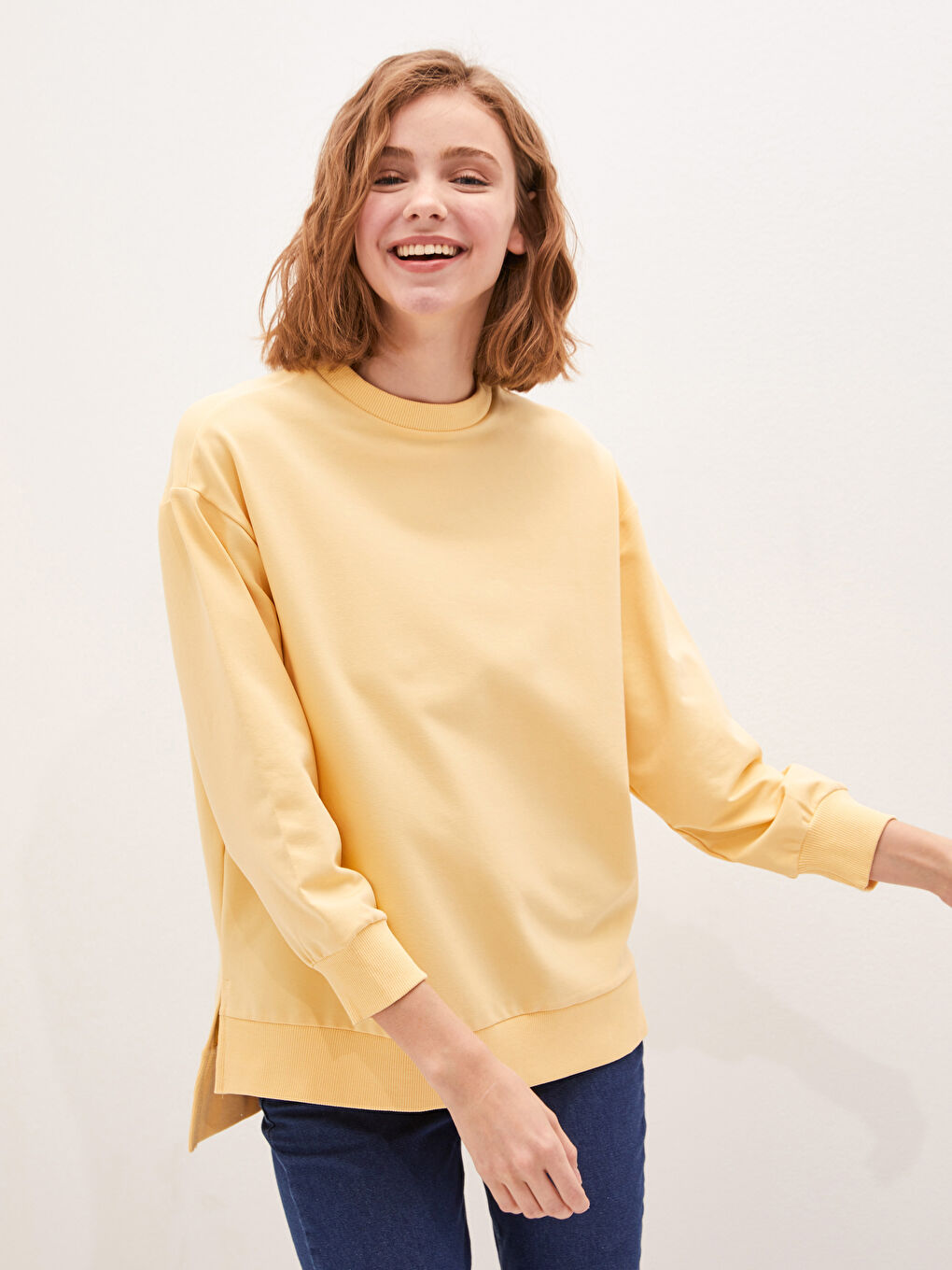 Sarı Bisiklet Yaka Düz Uzun Kollu Kadın Sweatshirt Tunik-2