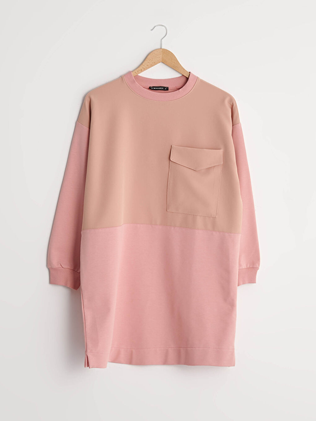 Pembe Bisiklet Yaka Cep Detaylı Renk Bloklu Uzun Kollu Kadın Sweatshirt Tunik-5