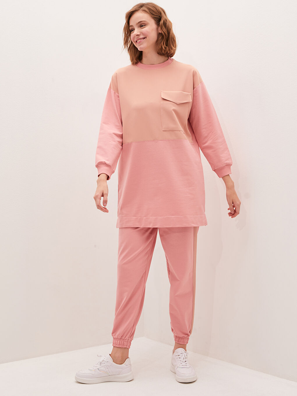 Pembe Bisiklet Yaka Cep Detaylı Renk Bloklu Uzun Kollu Kadın Sweatshirt Tunik-2