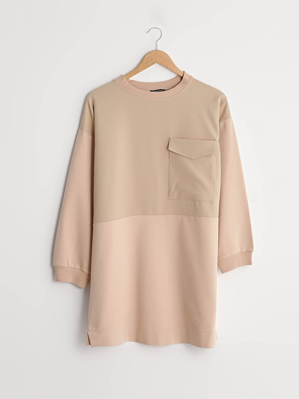 Bej Bisiklet Yaka Cep Detaylı Renk Bloklu Uzun Kollu Kadın Sweatshirt Tunik-5