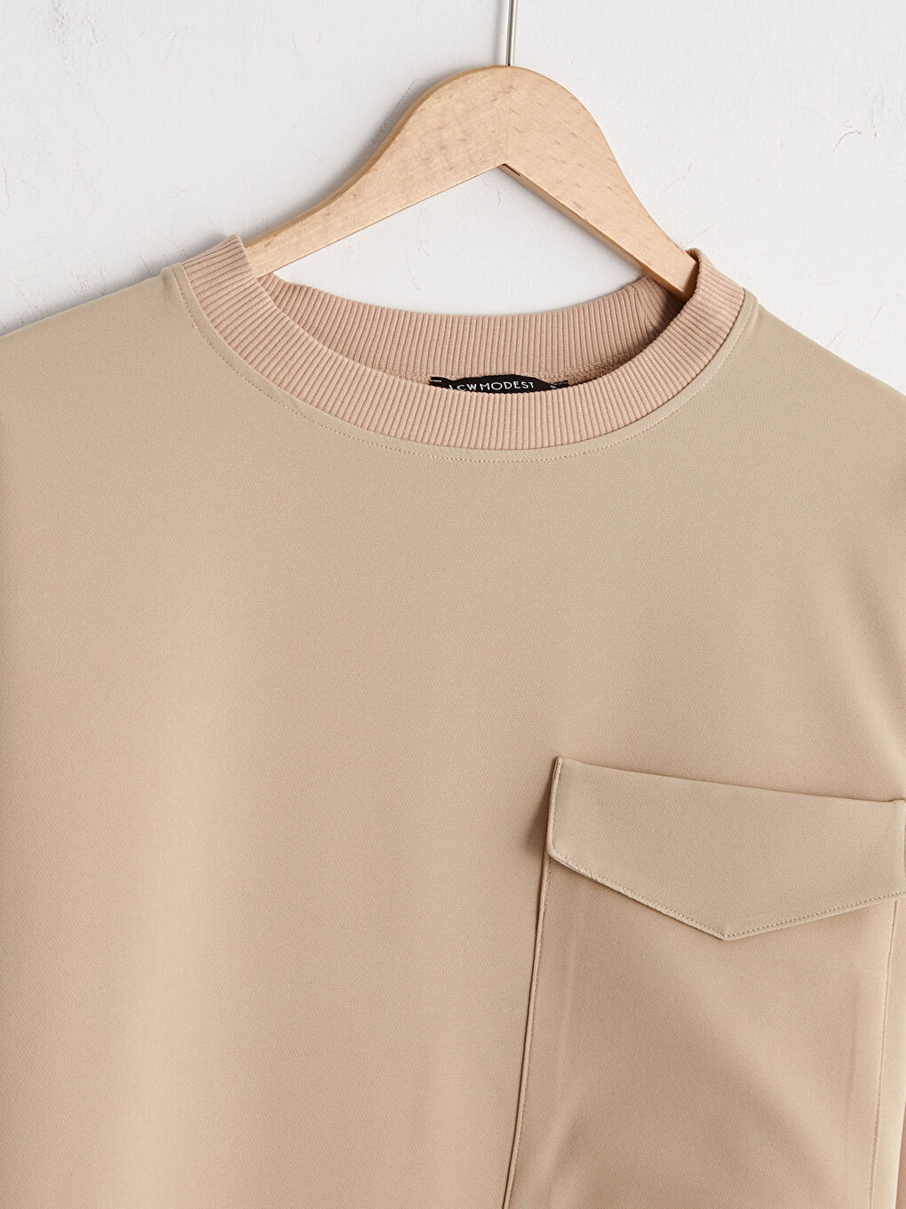 Bej Bisiklet Yaka Cep Detaylı Renk Bloklu Uzun Kollu Kadın Sweatshirt Tunik-7