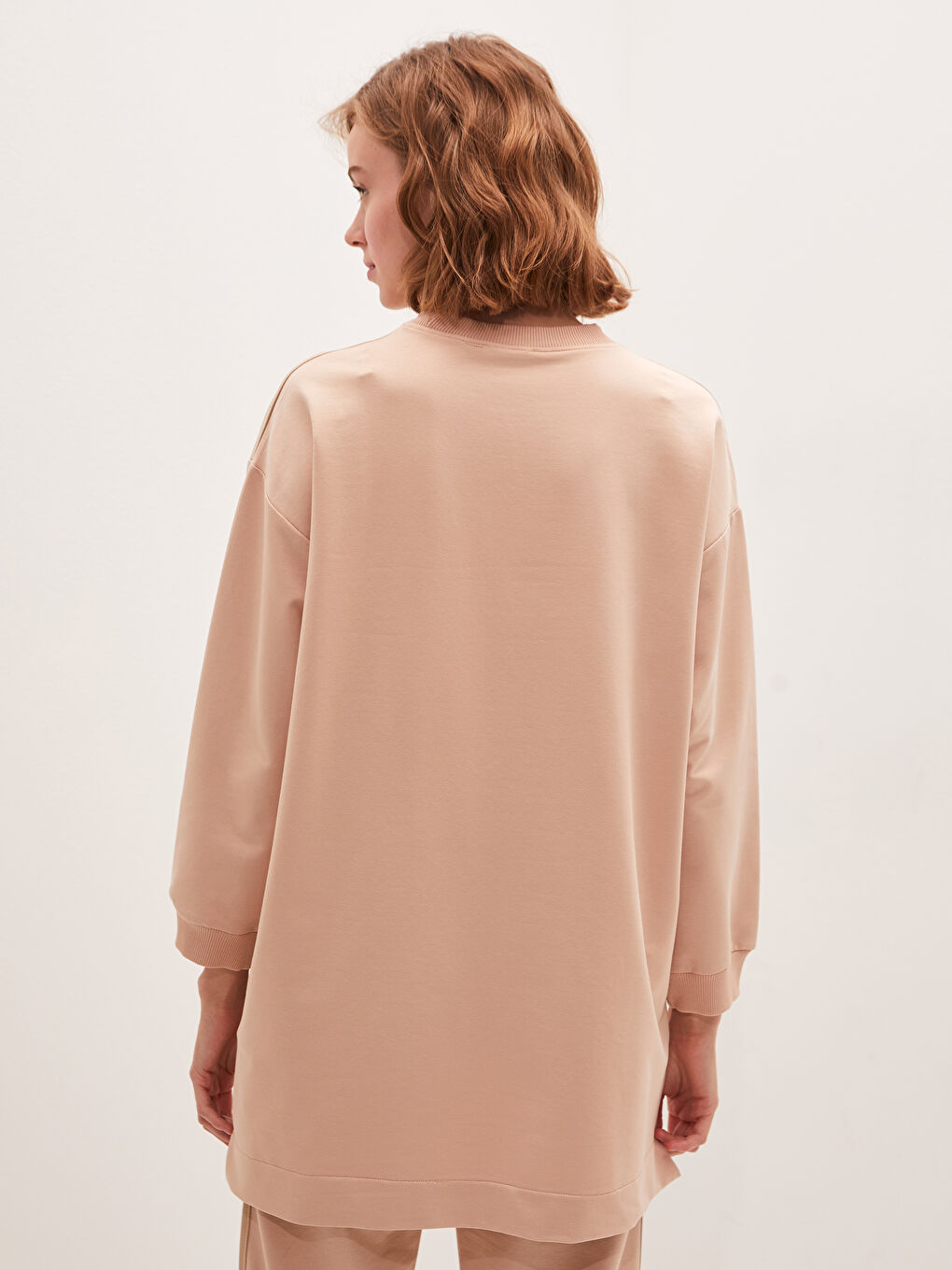 Bej Bisiklet Yaka Cep Detaylı Renk Bloklu Uzun Kollu Kadın Sweatshirt Tunik-3