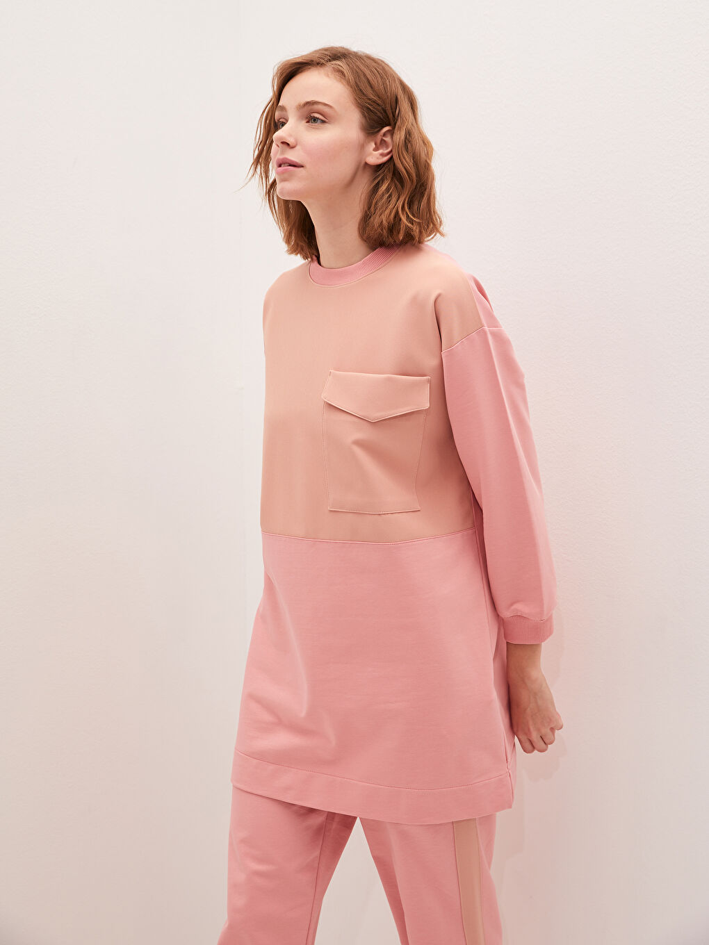 Pembe Bisiklet Yaka Cep Detaylı Renk Bloklu Uzun Kollu Kadın Sweatshirt Tunik-4